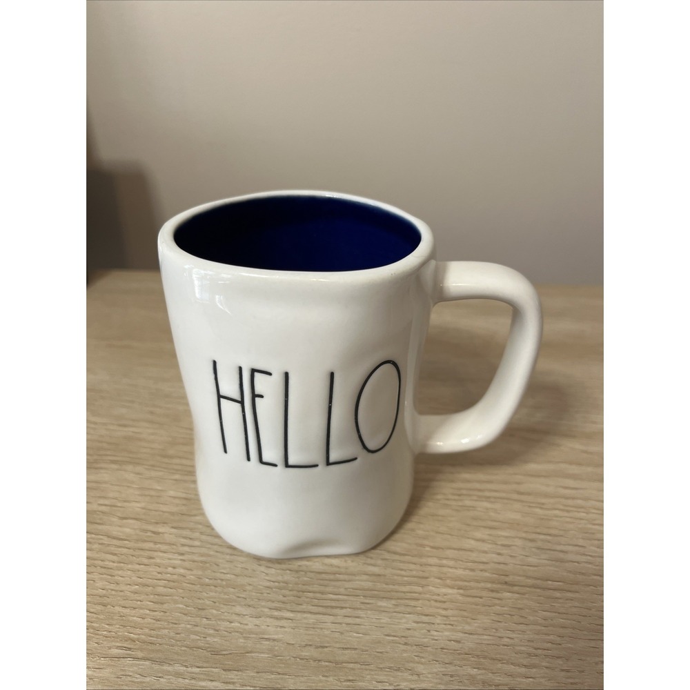 Rae Dunn Hello Coffee Mug White W Blue Interior Artisan‎ Collection Collector